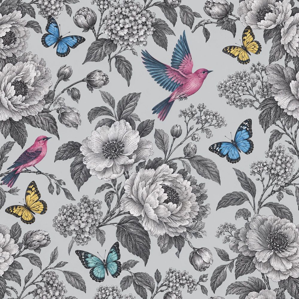 Vintage Flowers Birds And Butterflies Wallpaper Gray Botanical Illustration pattern artwork