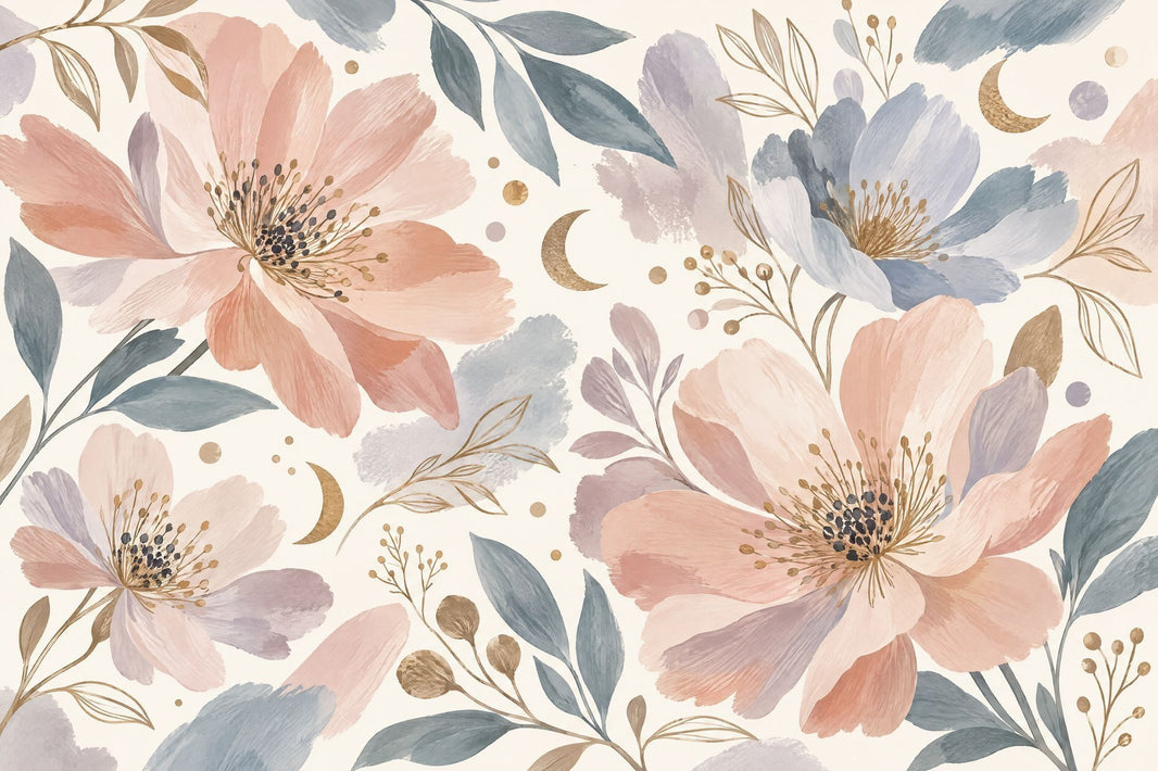 Pastel Peony Blooms Wallpaper Gold Crescent Wall Mural pattern artwork