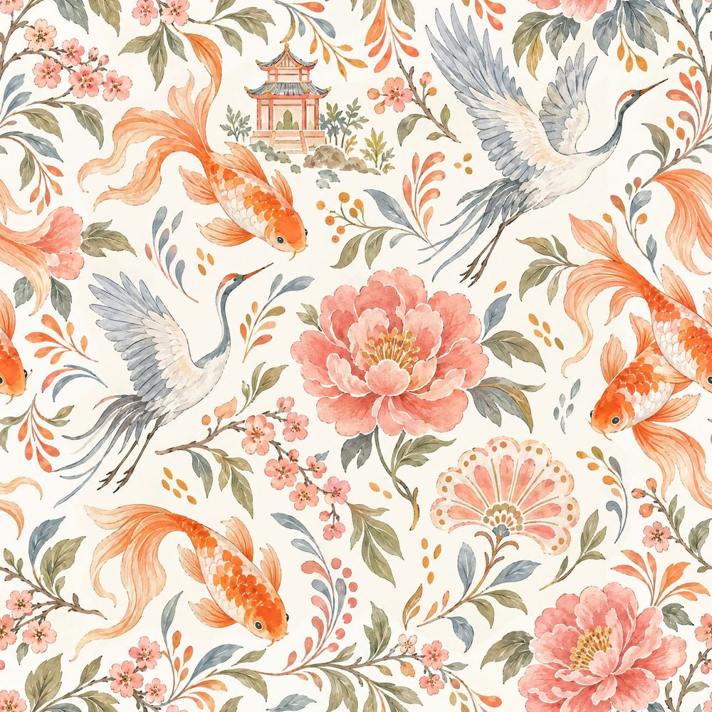 Koi Fish And Cranes Wallpaper Watercolor Chinoiserie Floral pattern artwork