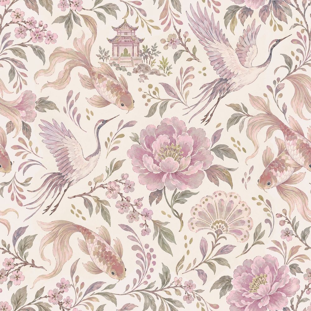 Cranes And Koi Fish Wallpaper Chinoiserie Pink Blossoms pattern artwork
