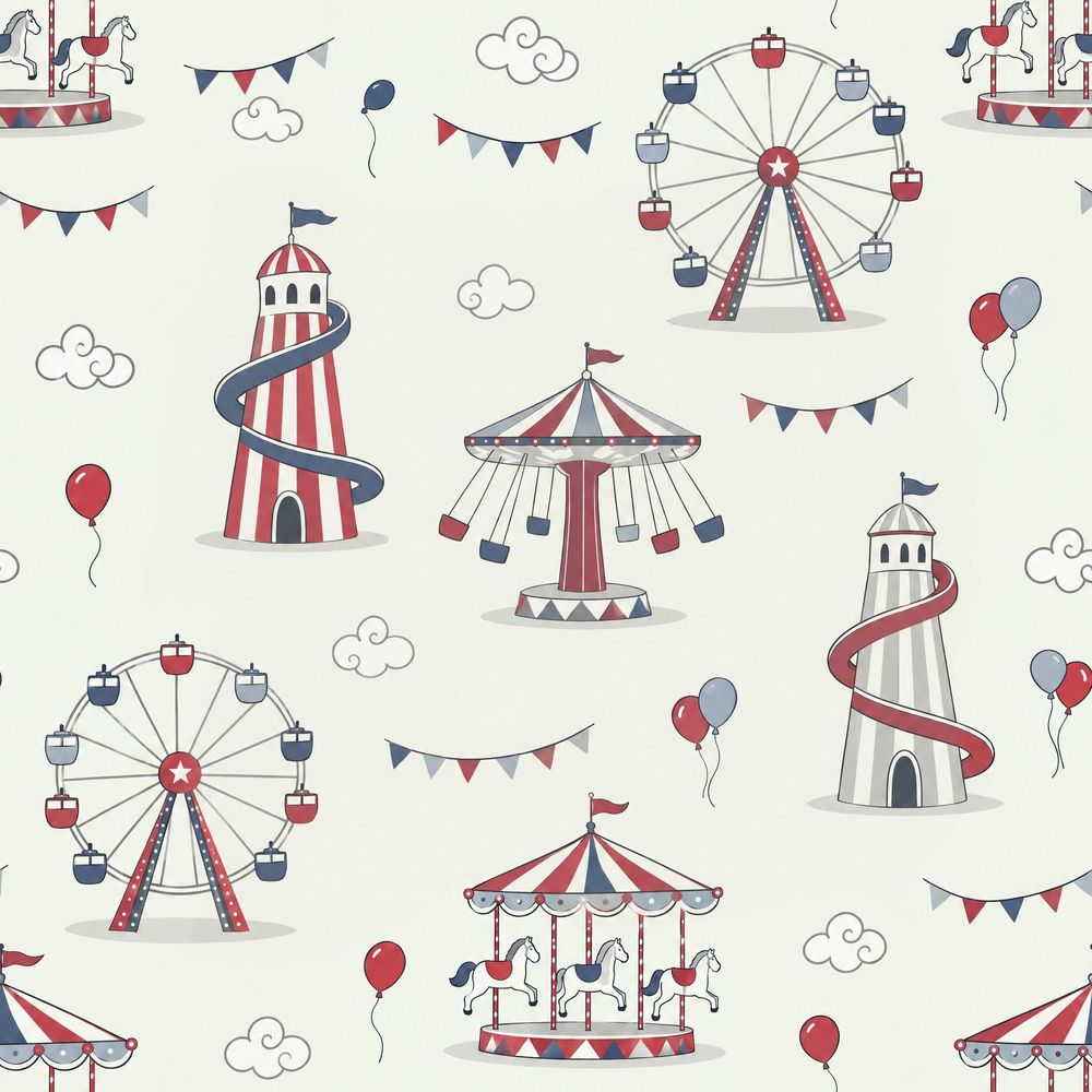 Carnival Rides Wallpaper Cream Background pattern artwork