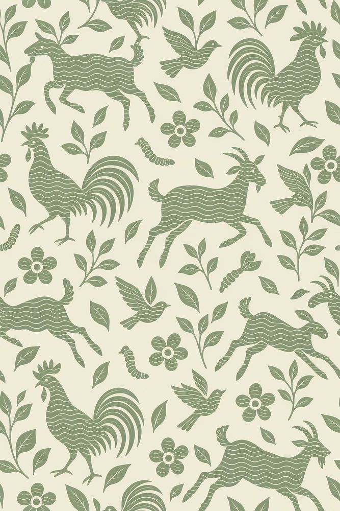 Roosters And Goats Wallpaper Sage Green Folk Art pattern artwork
