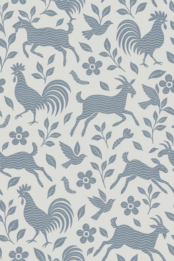 Folk Roosters And Birds Wallpaper White Background pattern artwork