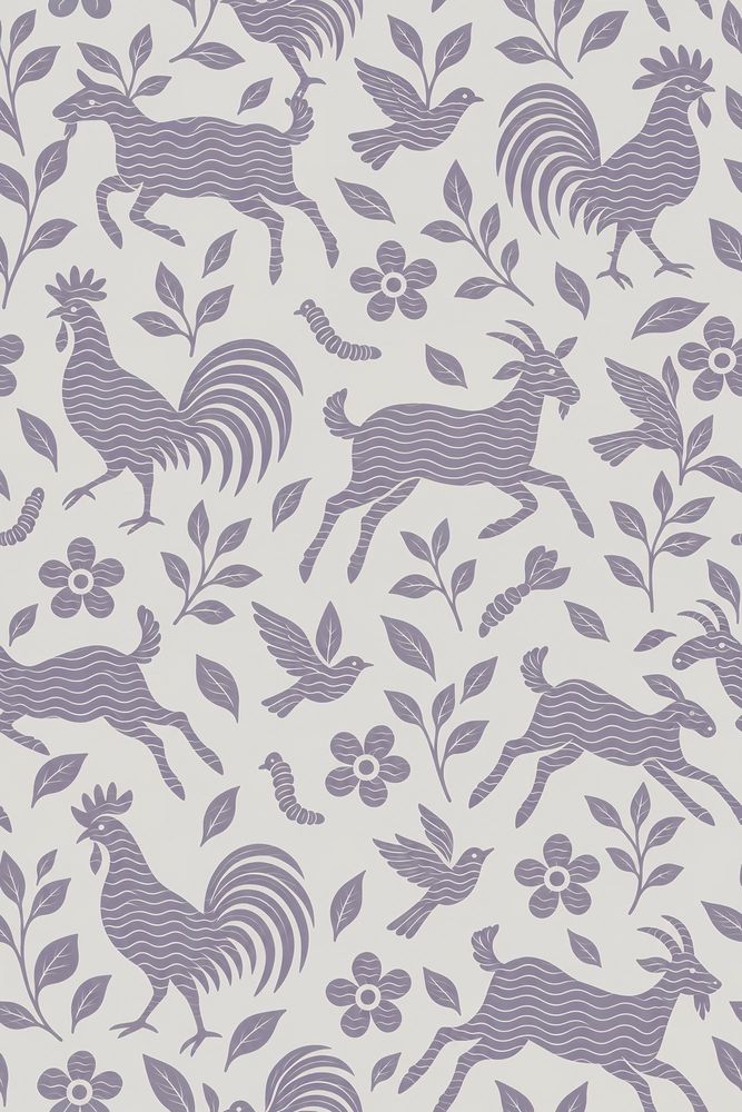 Roosters And Goats Wallpaper Lavender Folk Art On Ivory pattern artwork