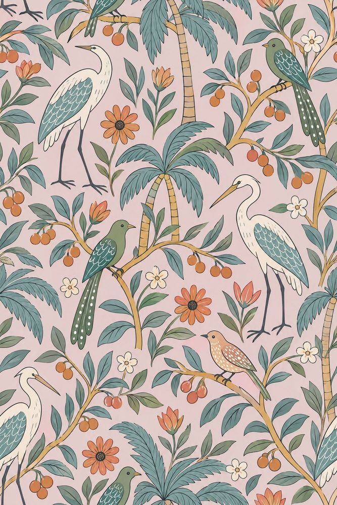 Herons And Palm Trees Wallpaper Pink Background pattern artwork