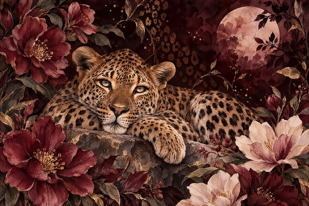 Reclining Leopard Wallpaper Mural, Dark Burgundy Florals And Moon pattern artwork