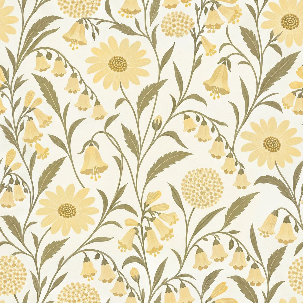 Yellow Wildflowers Wallpaper Vintage Inspired Botanical On Cream pattern artwork