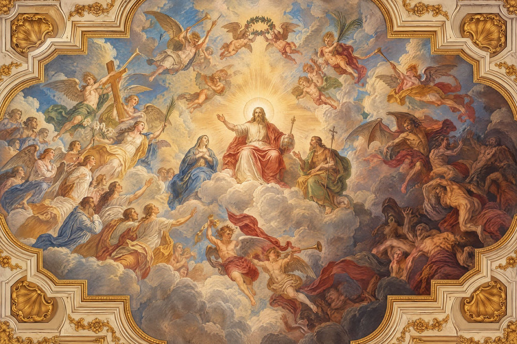 Jesus And Angels Baroque Fresco Wallpaper Mural: Ornate Gold Frame pattern artwork