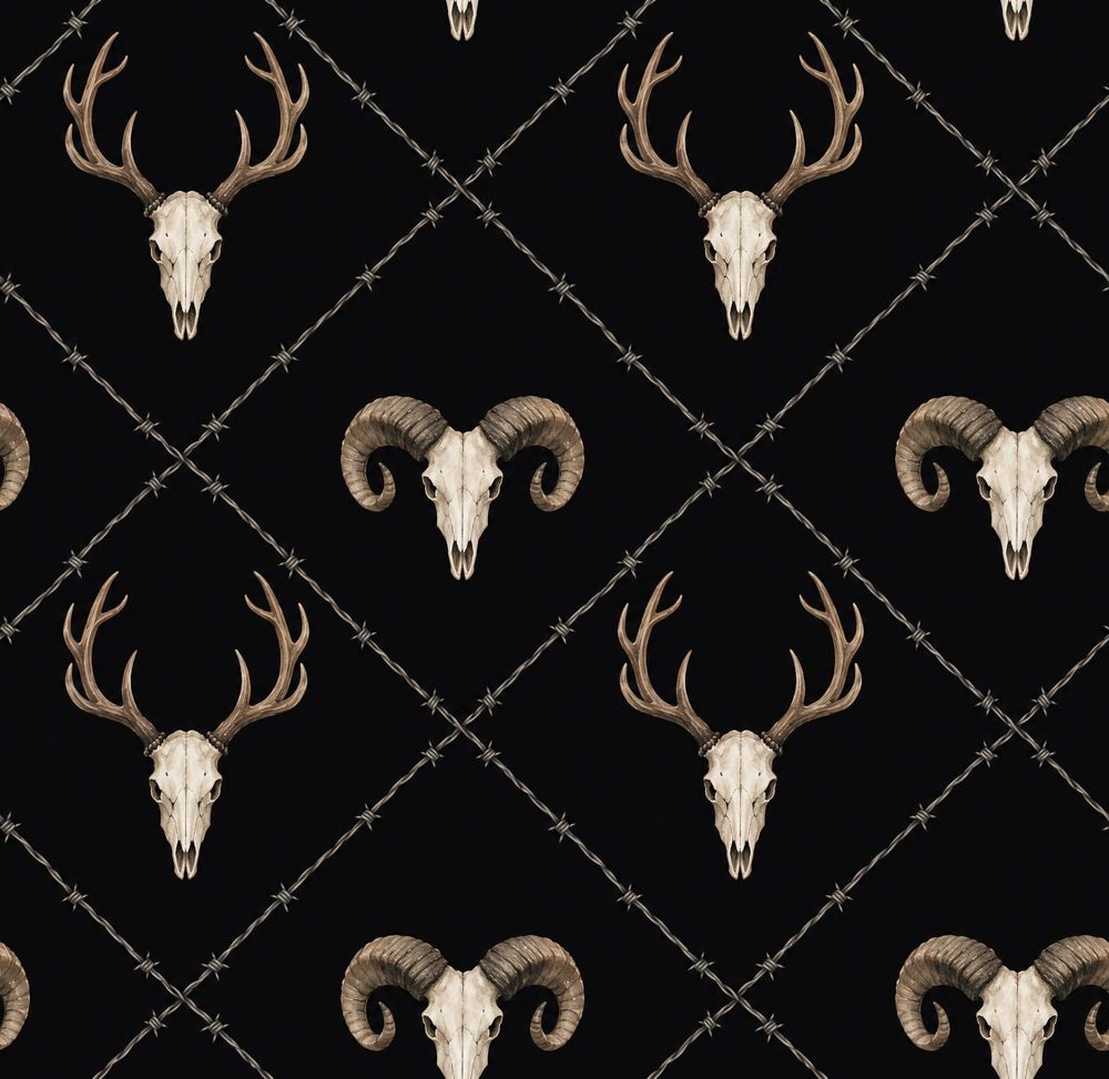 Deer And Ram Skull Wallpaper Solid Black Gothic Repeat pattern artwork