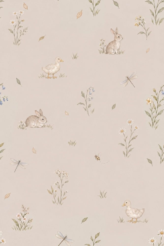 Watercolor Rabbits Wallpaper Soft Beige Woodland Animals Pattern pattern artwork