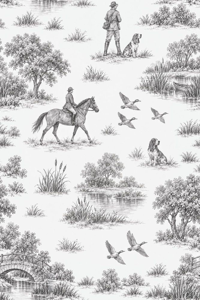 Rider And Hunting Dogs Toile Wallpaper Gray On White Background pattern artwork