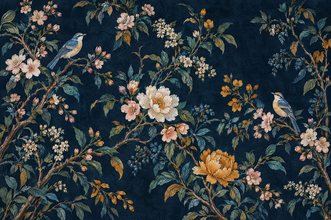 Birds And Blossom Branches Wallpaper Mural Navy Chinoiserie Dark Floral pattern artwork