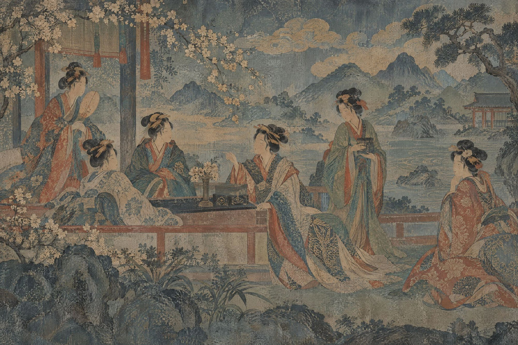 Kimono Figures Wallpaper Mural Vintage Inspired Japanese Landscape pattern artwork