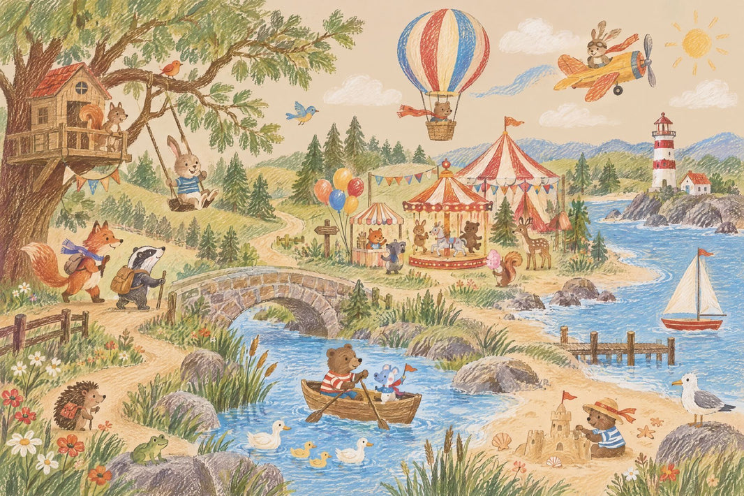 Woodland Animal Adventure Wallpaper Mural Pastel Storybook Panorama pattern artwork