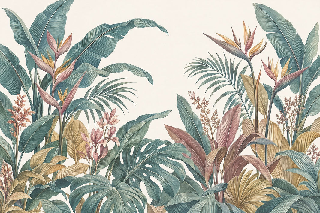 Monstera And Palm Leaves Wallpaper Mural, Cream Vintage Inspired Botanical pattern artwork