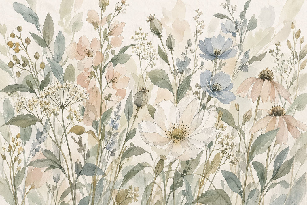 Pastel Wildflowers Wallpaper Mural Watercolor Botanical On Cream pattern artwork