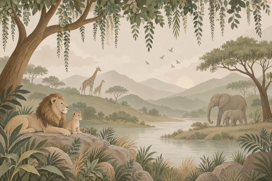 Safari Animals Wallpaper Mural Muted Green Watercolor Landscape pattern artwork