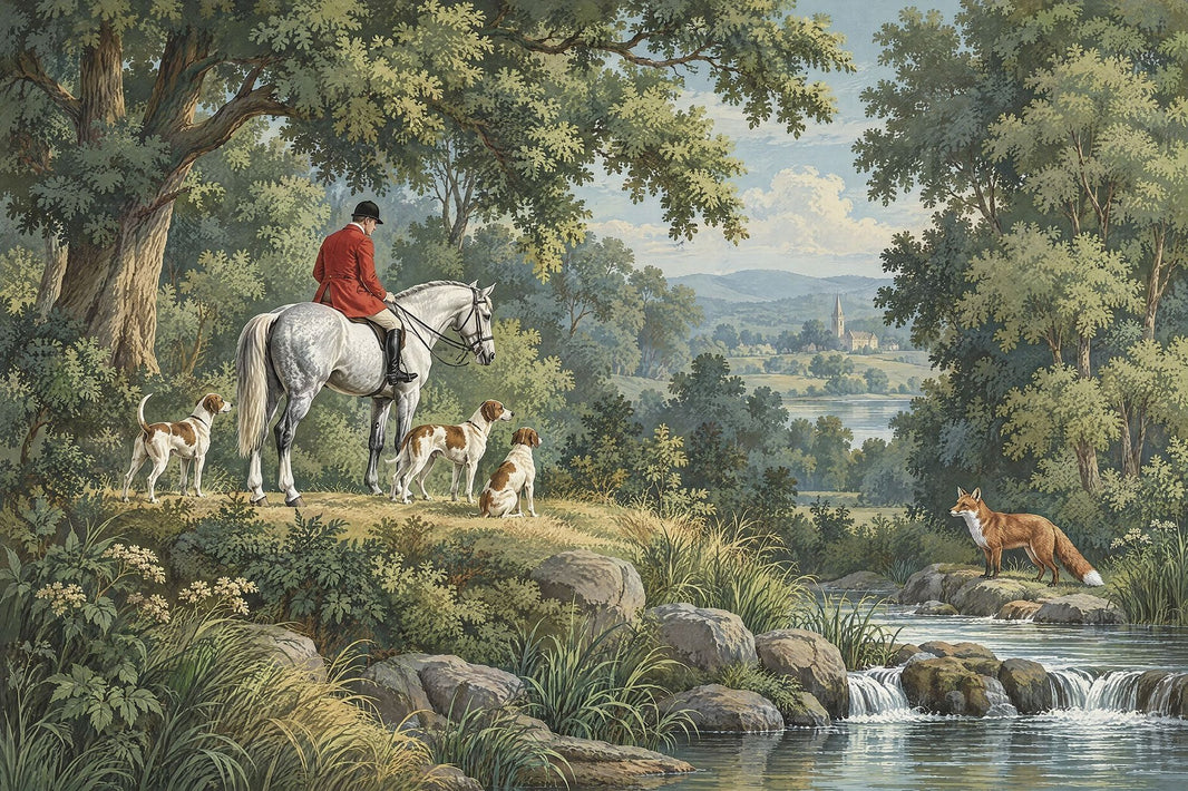 Hunter On White Horse Wallpaper Mural Vintage Inspired Green Scenic Landscape pattern artwork
