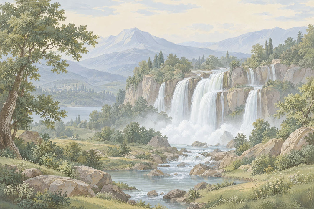 Layered Waterfall Landscape Wallpaper Mural Vintage Inspired Pastel Mountains pattern artwork