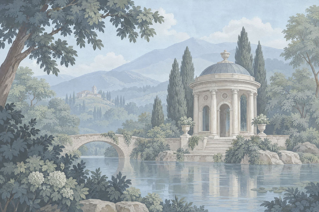 Neoclassical Pavilion Lake Scene Wallpaper Mural, Soft Blue Vintage Inspired Landscape pattern artwork