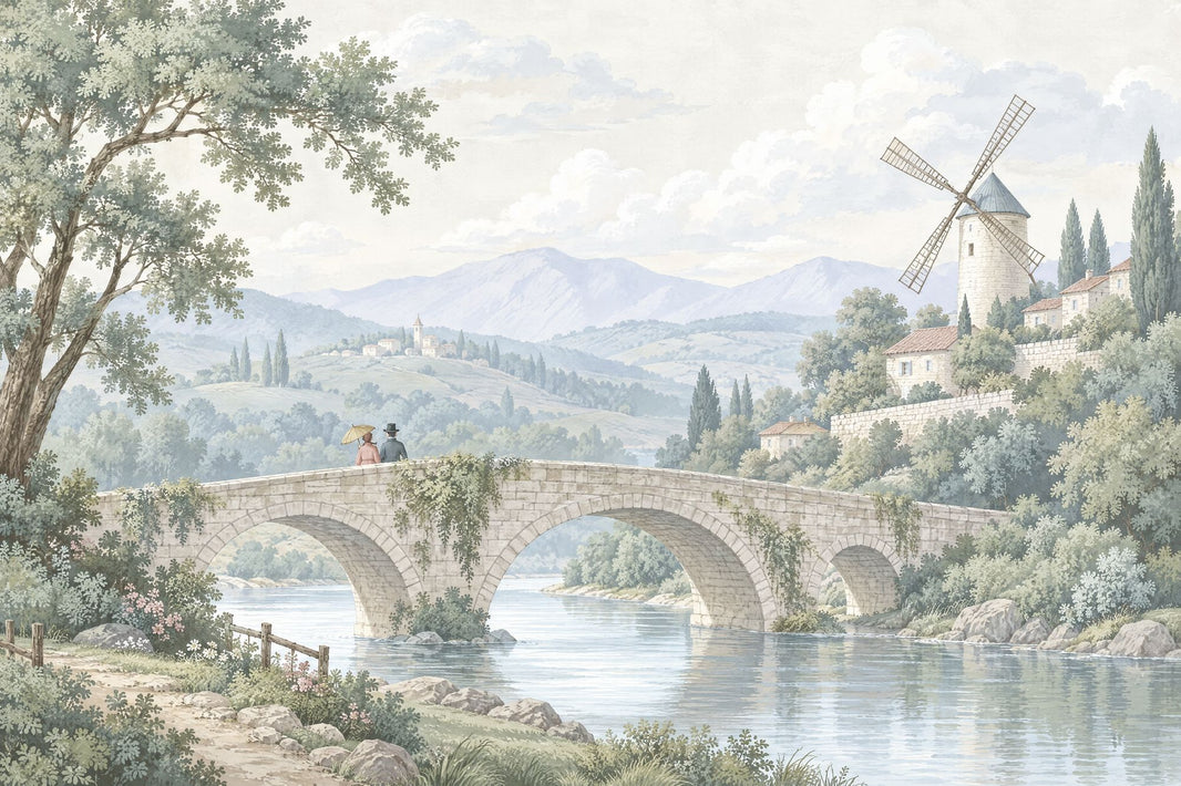 Stone Bridge And Windmill Wallpaper Mural, Pastel Watercolor Countryside pattern artwork