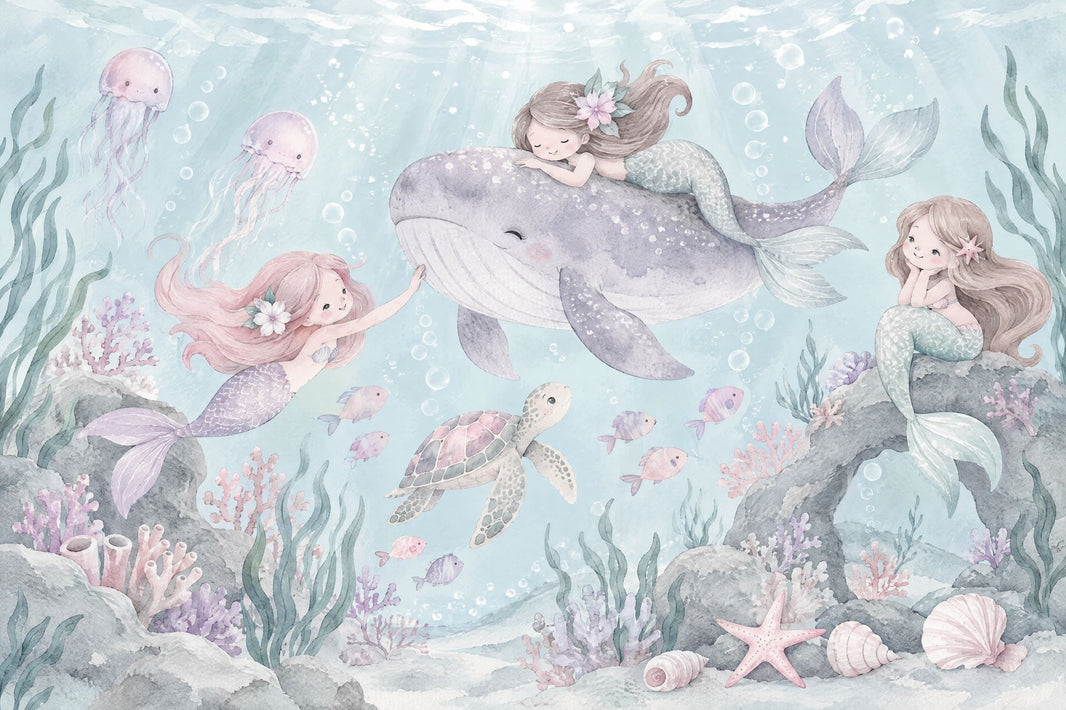 Mermaids On Smiling Whale Wallpaper Mural Pastel Watercolor Ocean pattern artwork