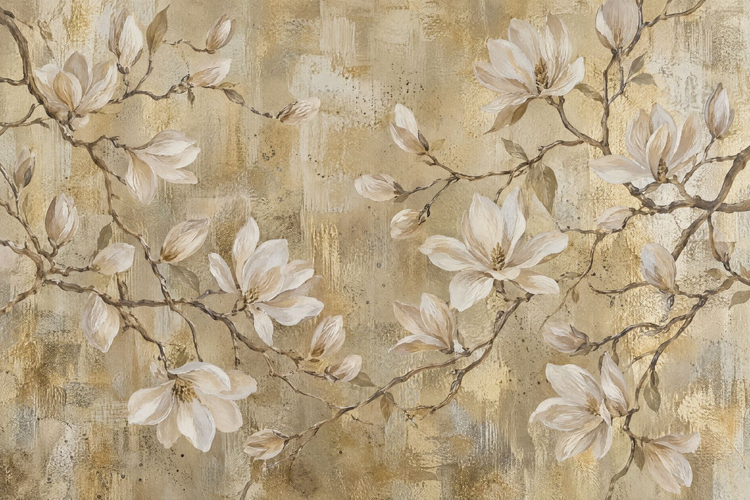 White Magnolia Flowers Wallpaper Mural, Textured Gold Beige Botanical Branches pattern artwork