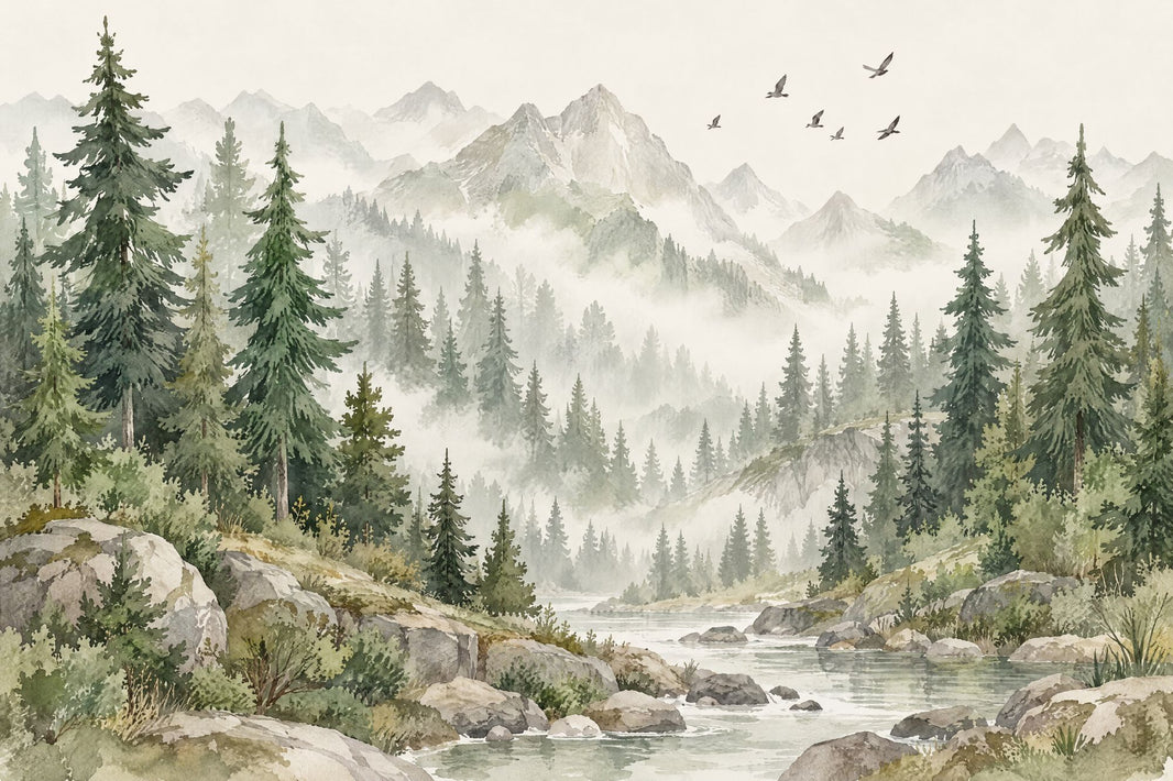 Misty Pine Forest Wallpaper Mural Watercolor Green Gray Mountains pattern artwork