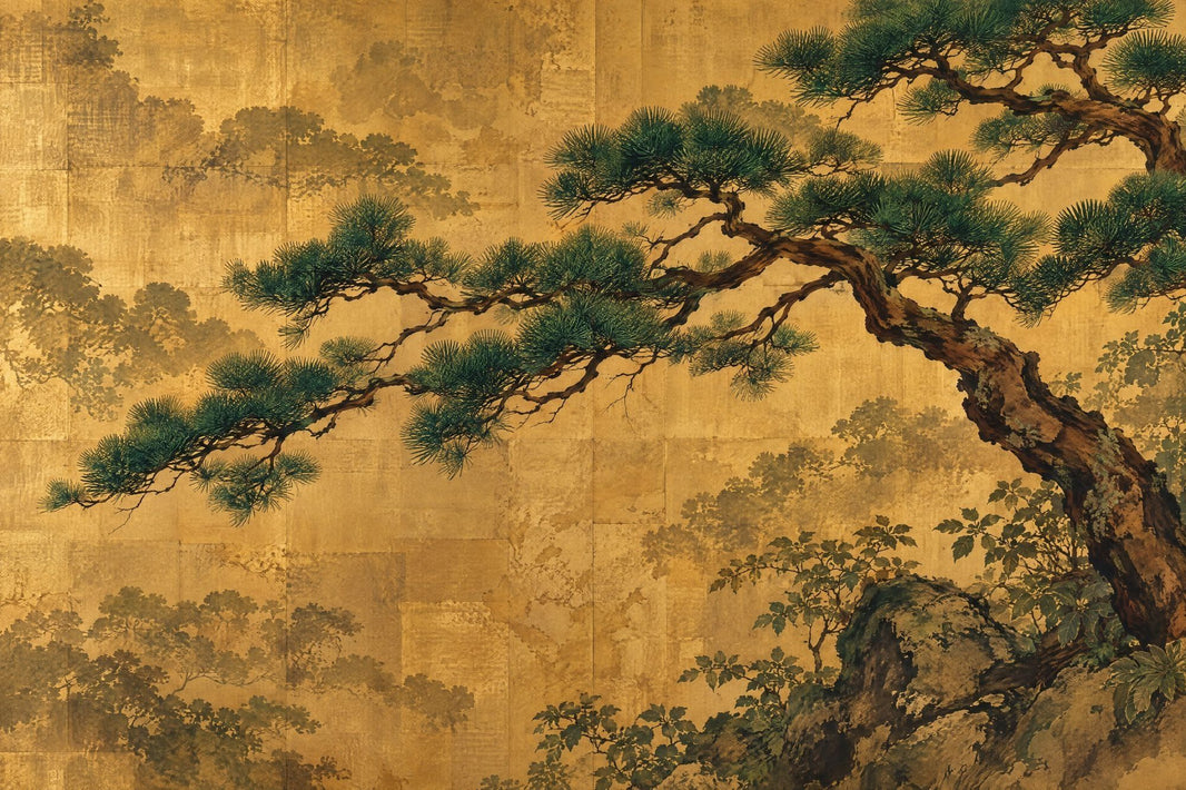 Twisted Pine Tree Wallpaper Mural Gold Leaf Japanese Landscape pattern artwork