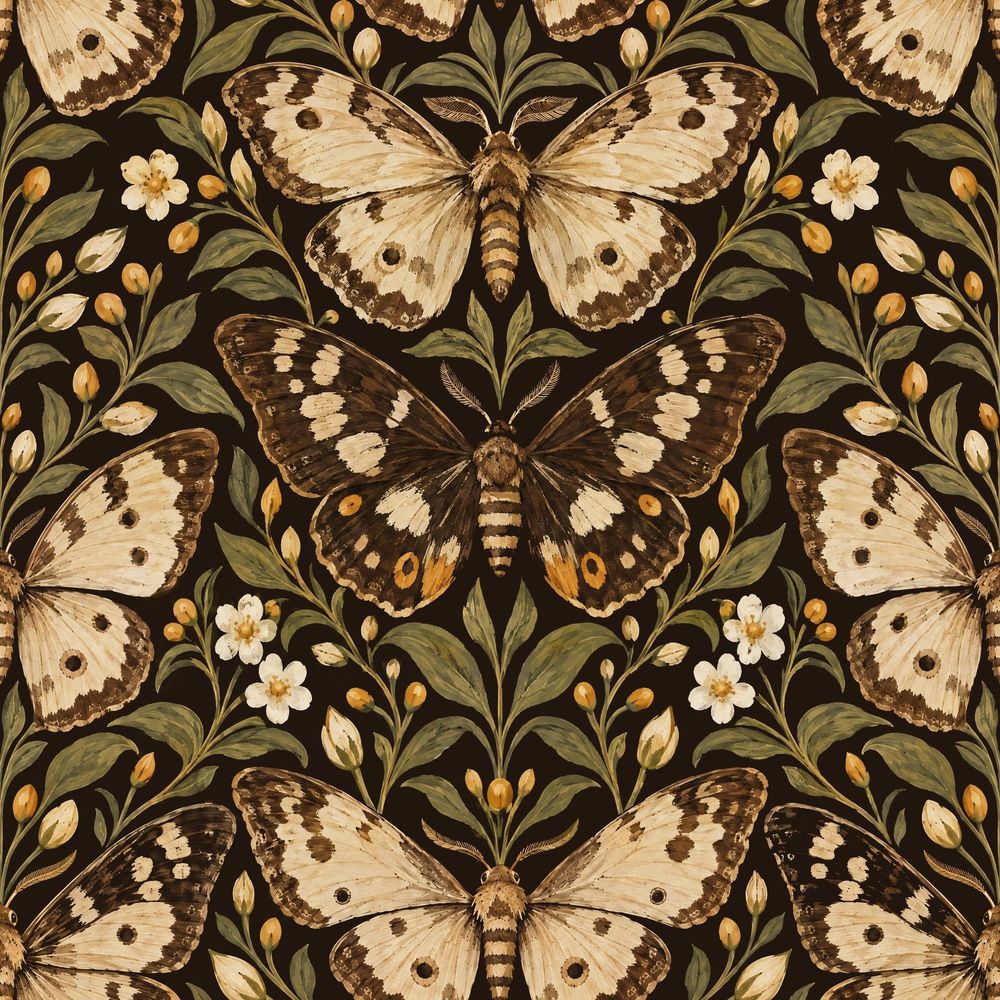 Vintage Moths And Butterflies Wallpaper Dark Botanical Garden pattern artwork