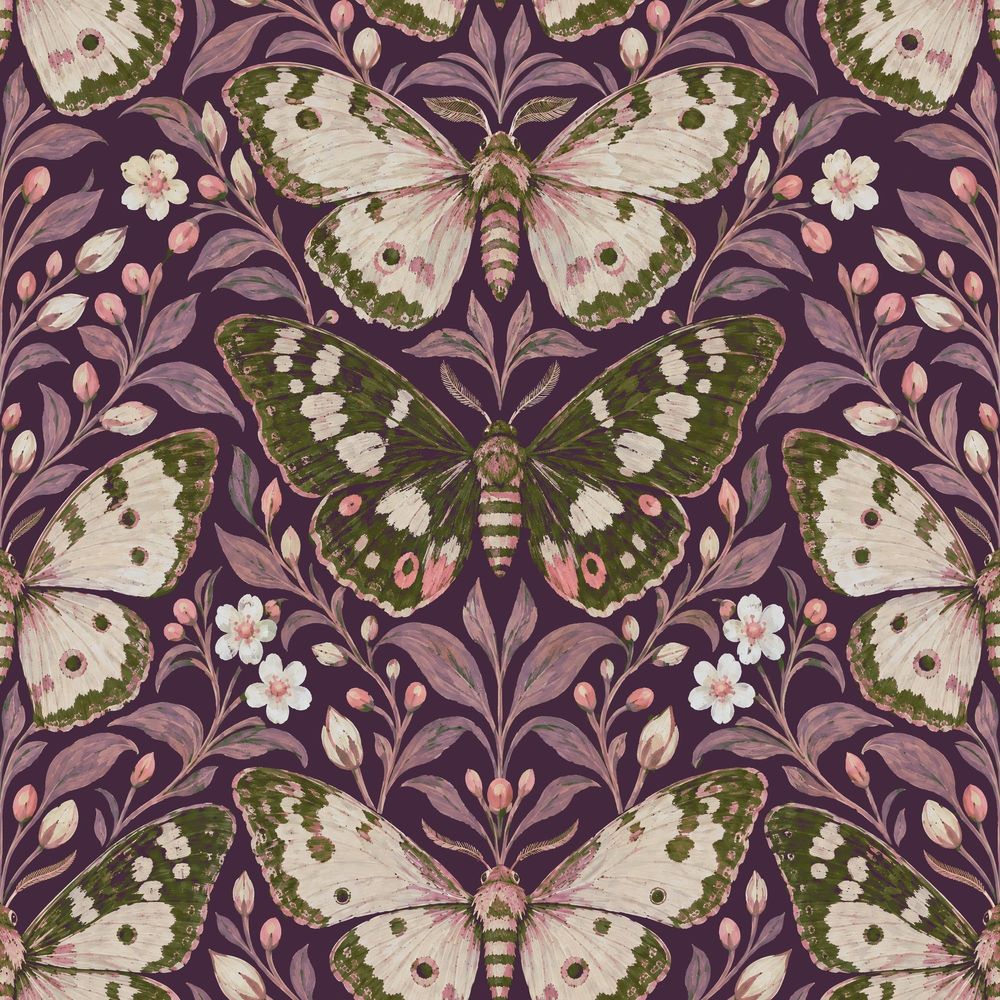 Butterflies And Floral Branches Wallpaper Purple Background pattern artwork