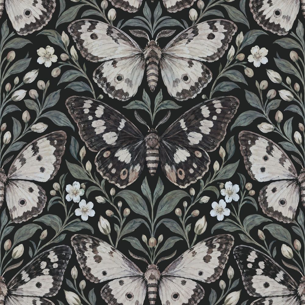 Vintage Butterfly And Botanical Branches Wallpaper Black Background pattern artwork