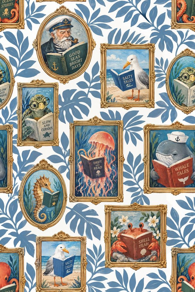 Storybook Sea Animals In Gold Frames Wallpaper White Background pattern artwork