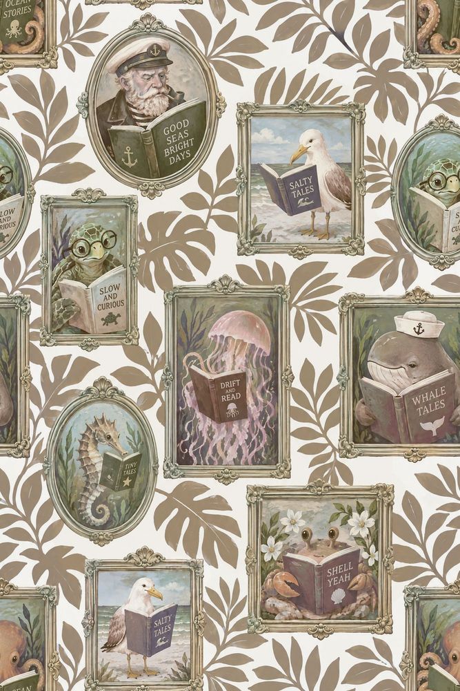 Framed Sea Animals Wallpaper Vintage Nautical Portrait Collage pattern artwork