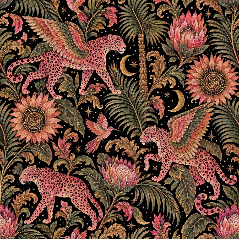 Winged Pink Leopards Wallpaper Tropical Floral Night Sky pattern artwork