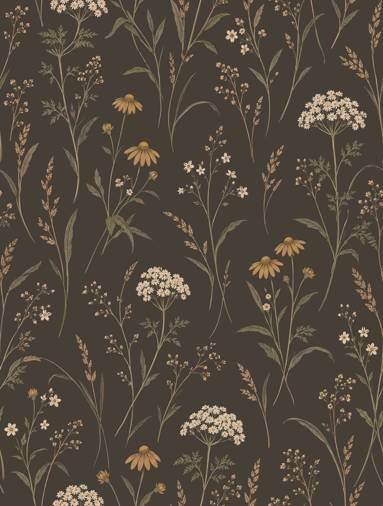 Wildflower Stems Wallpaper Dark Floral Brown Olive pattern artwork