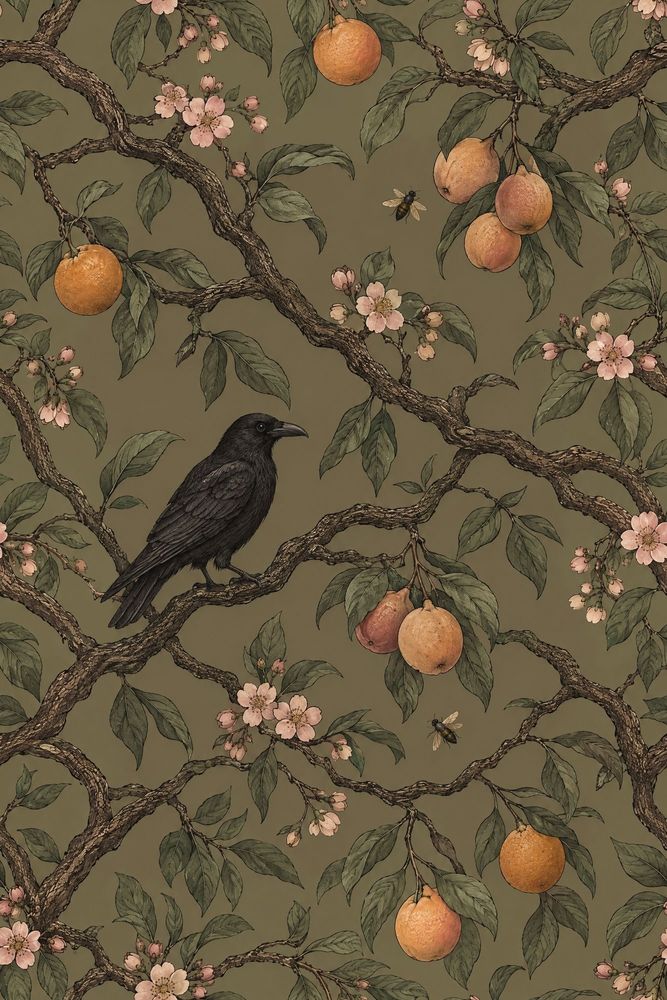 Raven And Citrus Branches Wallpaper Muted Green Vintage Botanical pattern artwork