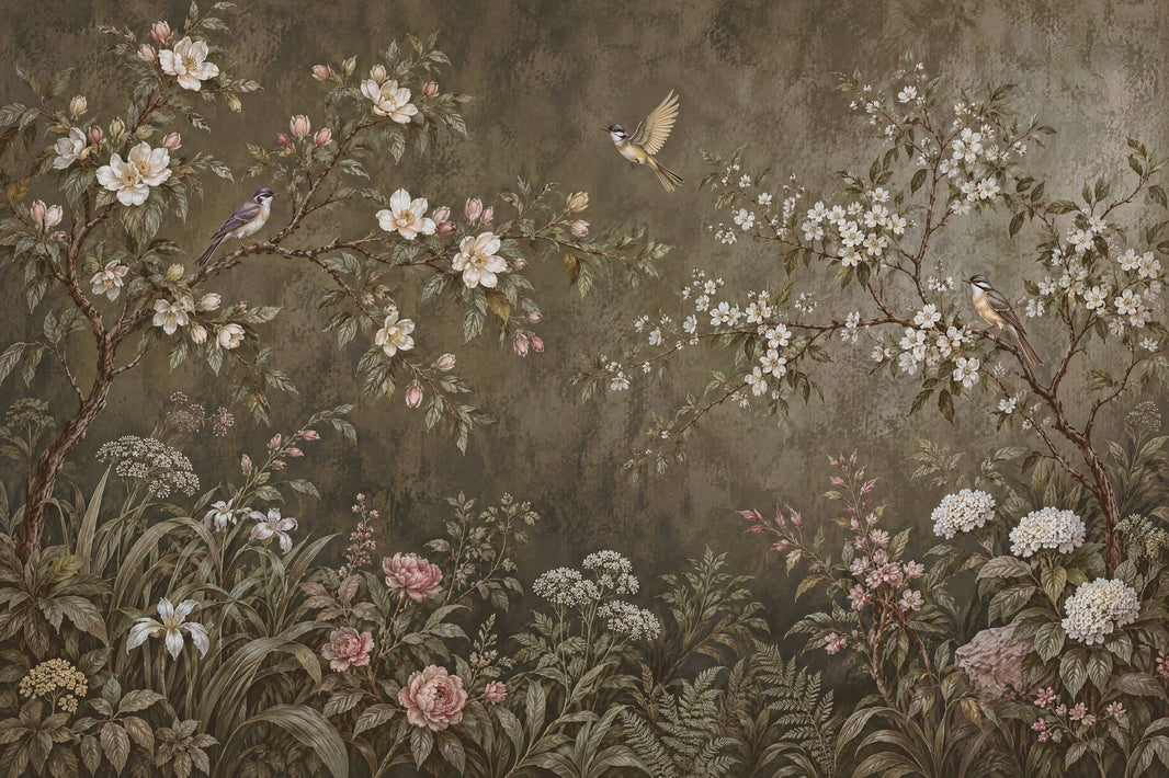 Blossoming Branches And Birds Wallpaper Vintage Chinoiserie Wall Mural pattern artwork