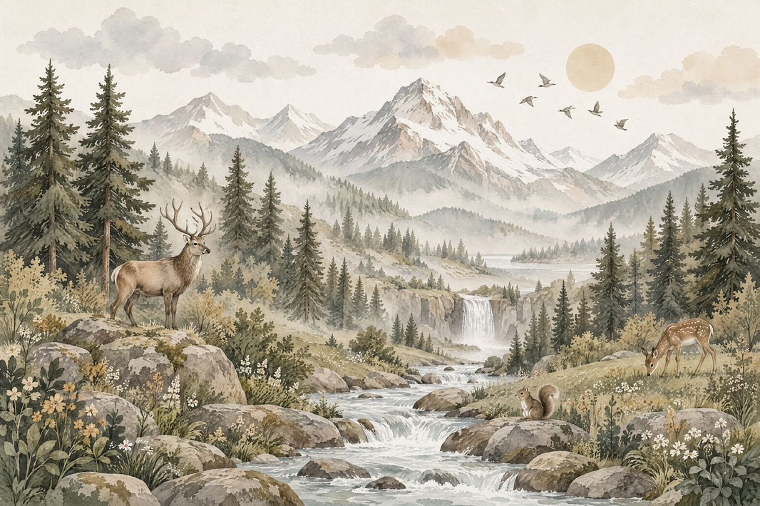 Deer And Waterfall Mountain Wallpaper Alpine Woodland Wall Mural pattern artwork