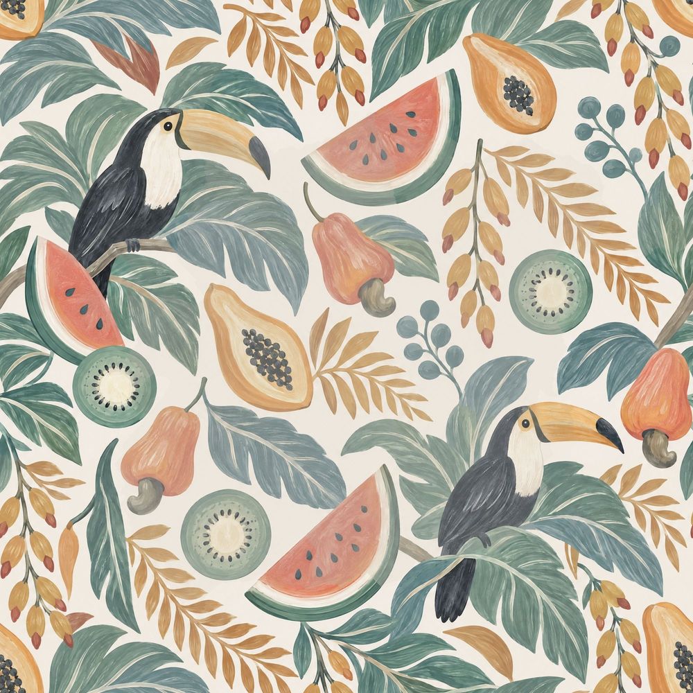 Toucan And Tropical Fruit Wallpaper Green Leaves Bright Palette pattern artwork