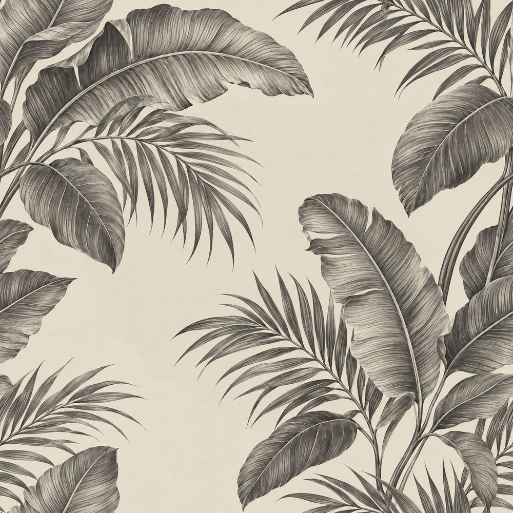 Tropical Leaves Wallpaper Grayscale Banana Leaf Ivory Background pattern artwork