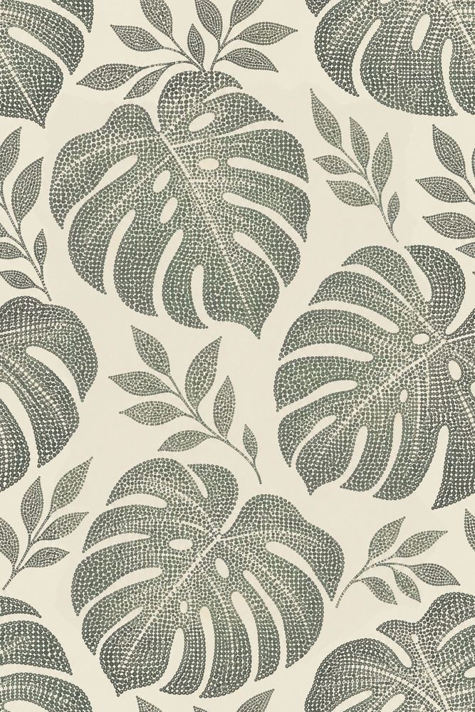 Monstera Leaves Wallpaper Stippled Botanical Pattern Cream Sage pattern artwork