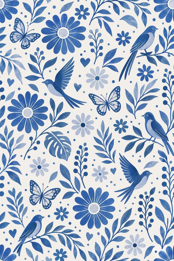 Birds And Butterflies Wallpaper Blue And White Folk Floral pattern artwork