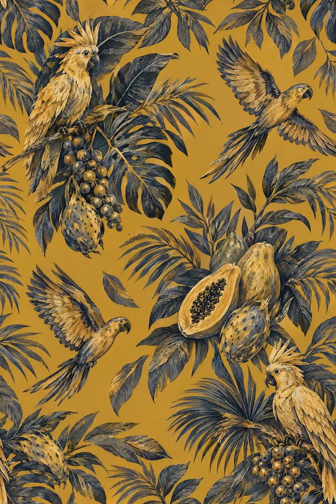 Parrots And Jungle Leaves Wallpaper Gold Background pattern artwork