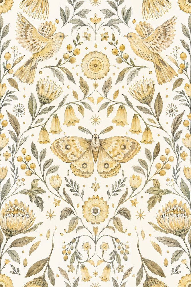 Flying Birds And Moth Wallpaper Symmetrical Vintage Botanical Ivory pattern artwork