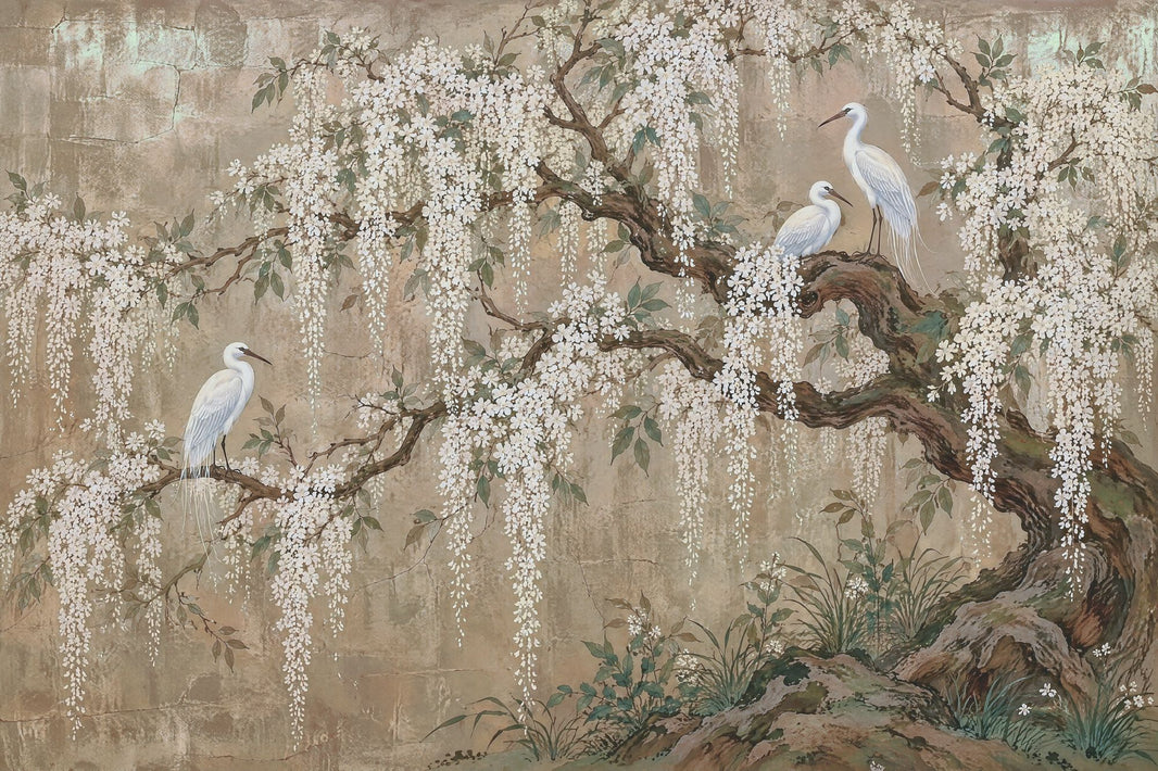 White Blossom Branches Wallpaper Chinoiserie Birds Wall Mural pattern artwork