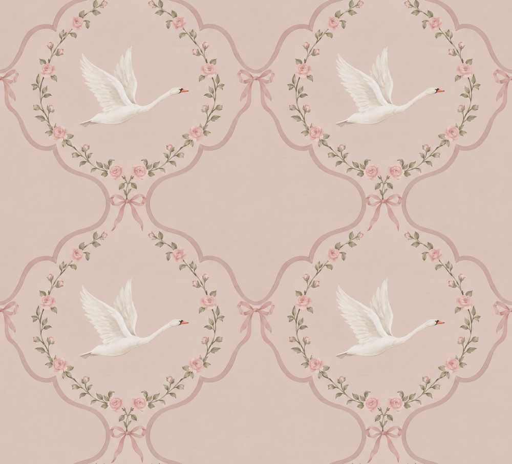 Swans And Roses Wallpaper Pink Wreath Trellis pattern artwork