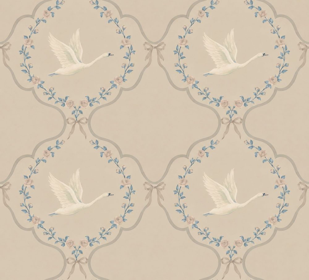 Flying Swans Wallpaper Floral Garland Trellis In Light Beige pattern artwork