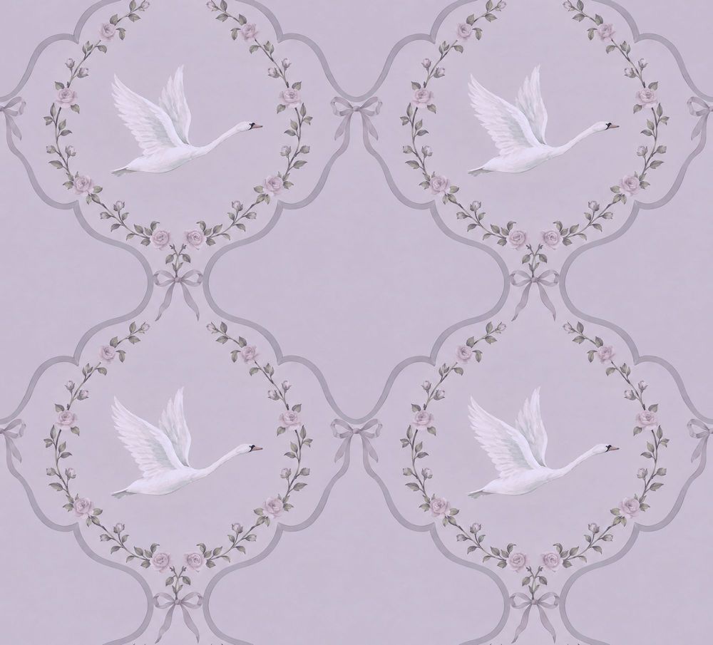 White Swans And Rose Garlands Wallpaper Purple Background pattern artwork