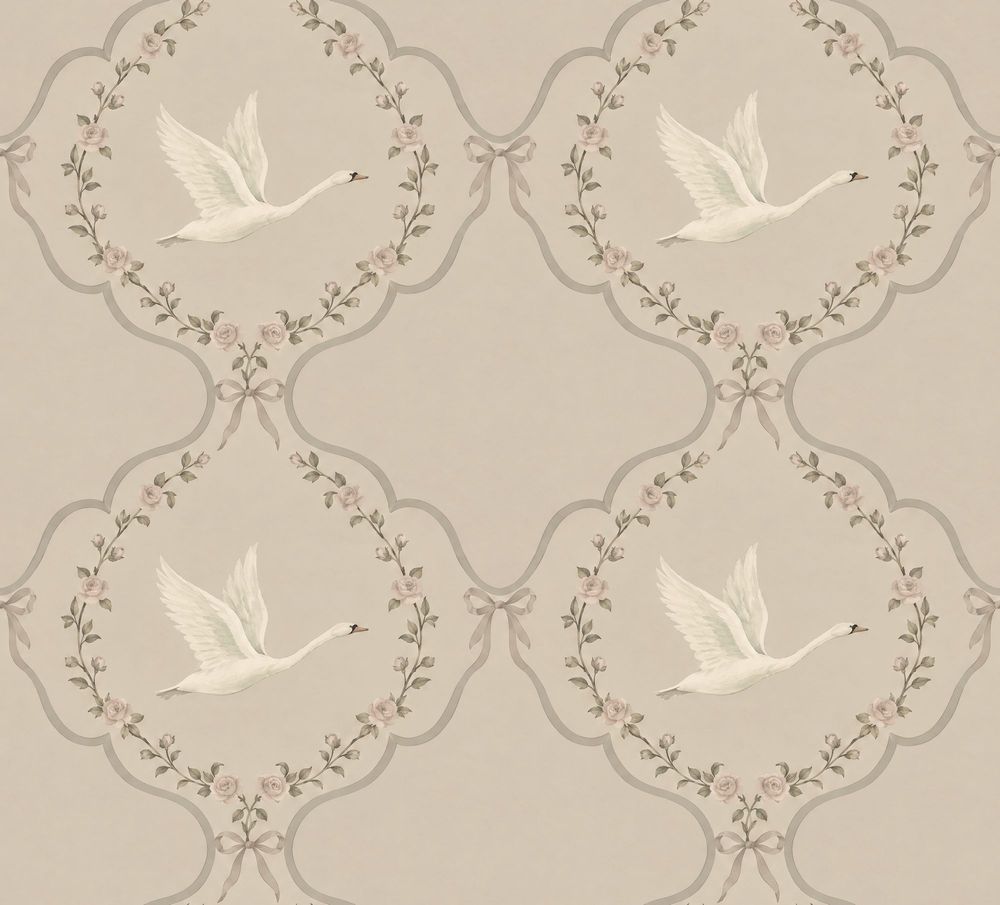 White Swans And Rose Medallions Wallpaper Muted Green Cream pattern artwork